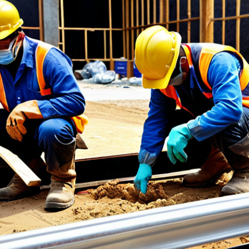 Home 4 **
A construction site scene. Workers wearing PPE (helmets, gloves, safety boots) are actively working. Highlight the importance of PPE in preventing accidents. The scene should depict common construction site hazards with corresponding PPE solutions clearly visible.
**