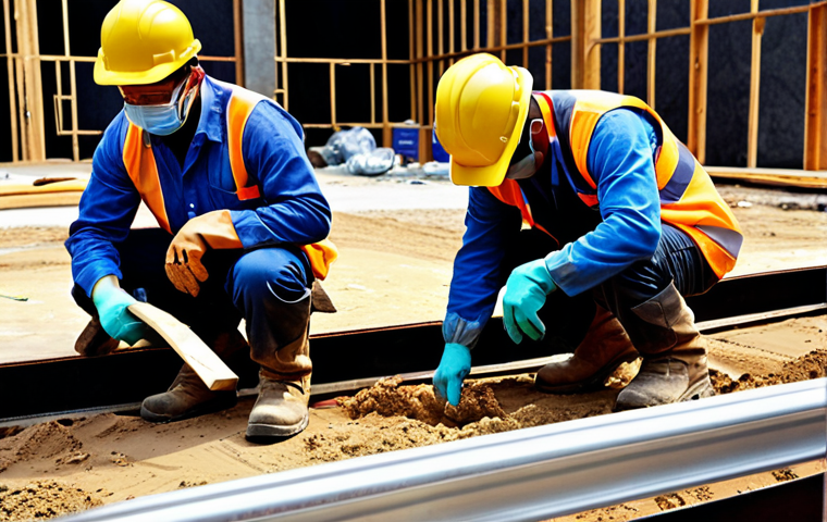 **
A construction site scene. Workers wearing PPE (helmets, gloves, safety boots) are actively working. Highlight the importance of PPE in preventing accidents. The scene should depict common construction site hazards with corresponding PPE solutions clearly visible.
**